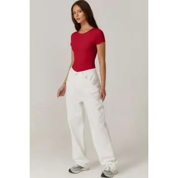 QINSEN Short Sleeve Body Suit for Women Round Neck Summer Going Out Bodysuit Tops Fiery Red S