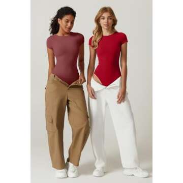 QINSEN Short Sleeve Body Suit for Women Round Neck Summer Going Out Bodysuit Tops Fiery Red S