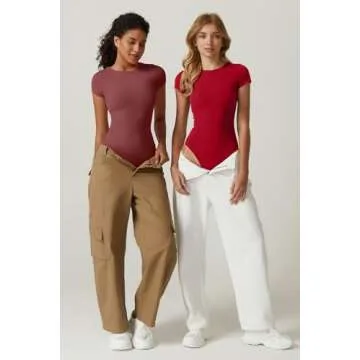 QINSEN Short Sleeve Body Suit for Women Round Neck Summer Going Out Bodysuit Tops Fiery Red S