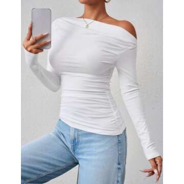 ZESICA Womens Off Shoulder Long Sleeve Tops Spring Casual Boat Neck Ruched Slim Fit Going Out Y2k Sh...