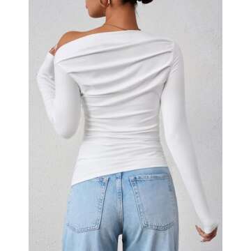 ZESICA Womens Off Shoulder Long Sleeve Tops Spring Casual Boat Neck Ruched Slim Fit Going Out Y2k Shirts Blouses,White,Small