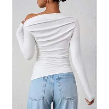 ZESICA Womens Off Shoulder Long Sleeve Tops Spring Casual Boat Neck Ruched Slim Fit Going Out Y2k Shirts Blouses,White,Small