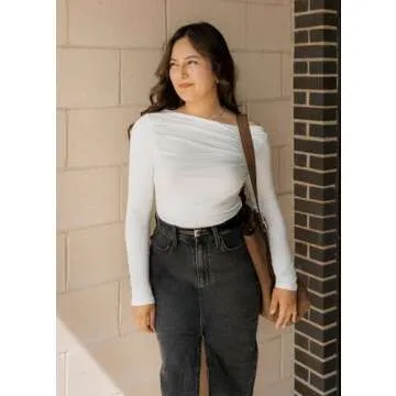 ZESICA Womens Off Shoulder Long Sleeve Tops Spring Casual Boat Neck Ruched Slim Fit Going Out Y2k Shirts Blouses,White,Small