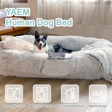 YAEM Human Dog Bed Fits You and Pets for People Doze Off, Washable Faux Fur Napping Orthopedic Dog Bed, Present Plump Pillow, Blanket, Strap-Grey, 71"x45"x12"