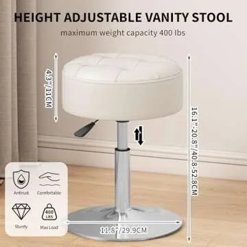 ACEQLYT® 16"-21" Adjustable Swivel Vanity Stool | Modern PU Leather Makeup Vanity Chair for Bedroom, Bathroom & Living Room | Tufted Design Small Ottoman Stool for Vanity (White)