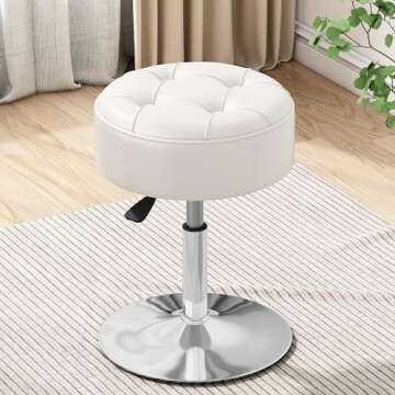 ACEQLYT® 16"-21" Adjustable Swivel Vanity Stool | Modern PU Leather Makeup Vanity Chair for Bedroom, Bathroom & Living Room | Tufted Design Small Ottoman Stool for Vanity (White)