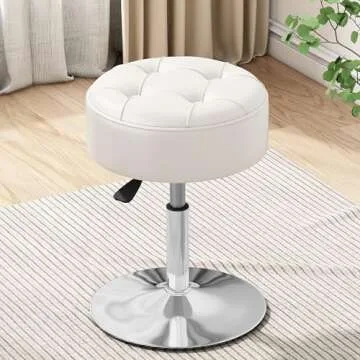 ACEQLYT® 16"-21" Adjustable Swivel Vanity Stool | Modern PU Leather Makeup Vanity Chair for Bedroom, Bathroom & Living Room | Tufted Design Small Ottoman Stool for Vanity (White)