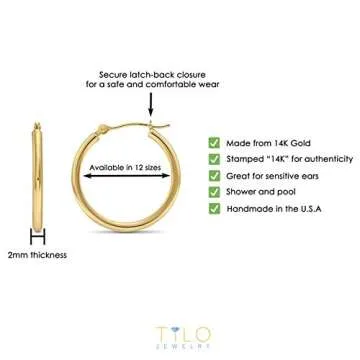 14k Yellow Gold 2mm Tube Polished Round Hoop Earrings, (22mm) (0.87 inch)…