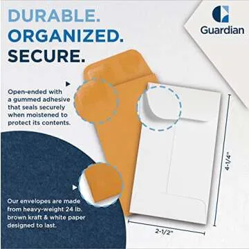500 Guardian #3 Paper Coin Envelopes - Blank Small Envelopes for Coins, Receipts, Stamps, Small Parts Storage, & More – 2-1/2” x 4-1/4” Cash Envelopes – Gummed Flap Gift Card Holder Envelopes
