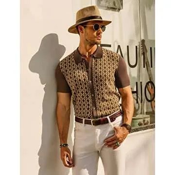 Men's 70s Short Sleeve Knitwear Vintage Stripe Lightweight Polo Shirts Brown XXL