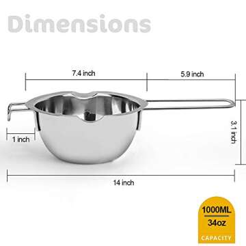 1000ML Upgrade Double Boiler Stainless Steel Melting Pot For Chocolate, Candle and Candy Making (34o...