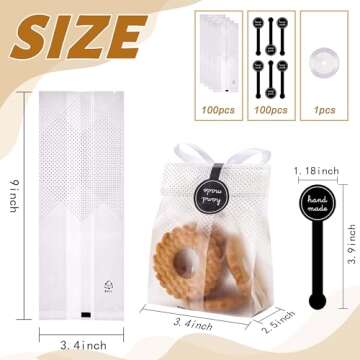 YunKo Cookie Bags for Gift Giving Clear Cellophane Treat Bags for Favors Mini Loaf, Bundt Cake, Hot Cocoa Bomb Packaging With Stickers(100PACK, Black Dot)