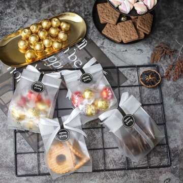 YunKo Cookie Bags for Gift Giving Clear Cellophane Treat Bags for Favors Mini Loaf, Bundt Cake, Hot Cocoa Bomb Packaging With Stickers(100PACK, Black Dot)