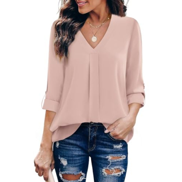 Youtalia 3/4 Sleeve Blouses for Women Plus Size, Womens V Neck Cuffed Sleeve Tops Pleated Casual Sol...