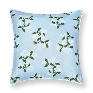Hofdeco Premium Coastal Patio Indoor Outdoor Throw Pillow Cover Only, 20"x20" Water Repellent for Backyard, Couch, Baby Blue Print Hydrangea Flower