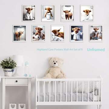 SEHSUVC Bathroom Cow Posters Wall Art Set of 9, Highland Cow Canvas Prints Pictures, Vintage Funny A...