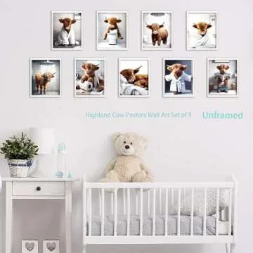 SEHSUVC Bathroom Cow Posters Wall Art Set of 9, Highland Cow Canvas Prints Pictures, Vintage Funny A...