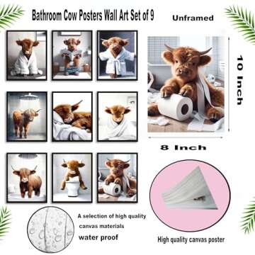 SEHSUVC Bathroom Cow Posters Wall Art Set of 9, Highland Cow Canvas Prints Pictures, Vintage Funny Art Animal Restroom Wall Decor for Bathroom Farmhouse Kids Bathroom Decoration 8x10In Unframed