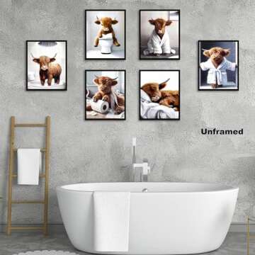 SEHSUVC Bathroom Cow Posters Wall Art Set of 9, Highland Cow Canvas Prints Pictures, Vintage Funny Art Animal Restroom Wall Decor for Bathroom Farmhouse Kids Bathroom Decoration 8x10In Unframed