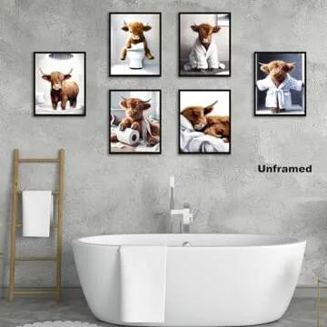 SEHSUVC Bathroom Cow Posters Wall Art Set of 9, Highland Cow Canvas Prints Pictures, Vintage Funny Art Animal Restroom Wall Decor for Bathroom Farmhouse Kids Bathroom Decoration 8x10In Unframed