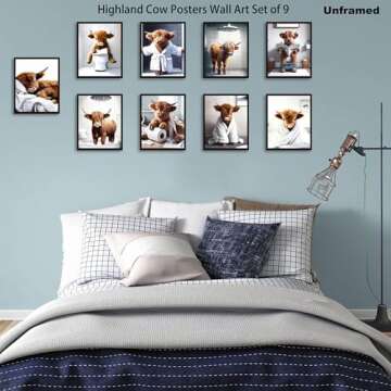 SEHSUVC Bathroom Cow Posters Wall Art Set of 9, Highland Cow Canvas Prints Pictures, Vintage Funny Art Animal Restroom Wall Decor for Bathroom Farmhouse Kids Bathroom Decoration 8x10In Unframed