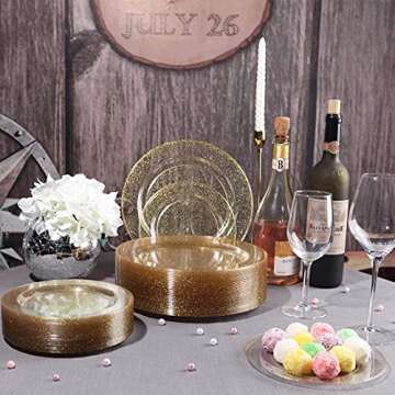 I00000 Gold Glitter Disposable Plates & Silverware Set for Parties and Weddings