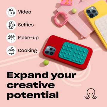 OCTOBUDDY - Silicone Suction Phone Case Adhesive Mount - Hands-Free, Strong Grip Holder for Selfies & Videos - Durable, Easy to Use - iPhone & Android Compatible - 2.25″ x 3.25″, Turquoise