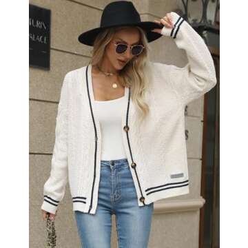 APRROOT White Cardigan Sweaters for Women Cable Knit Long Sleeve Open Front V-Neck Button Down Embroidery Sweater Outwear Coat White S