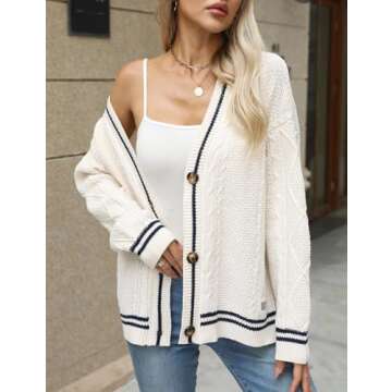 APRROOT White Cardigan Sweaters for Women Cable Knit Long Sleeve Open Front V-Neck Button Down Embroidery Sweater Outwear Coat White S