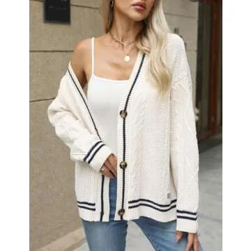 APRROOT White Cardigan Sweaters for Women Cable Knit Long Sleeve Open Front V-Neck Button Down Embroidery Sweater Outwear Coat White S