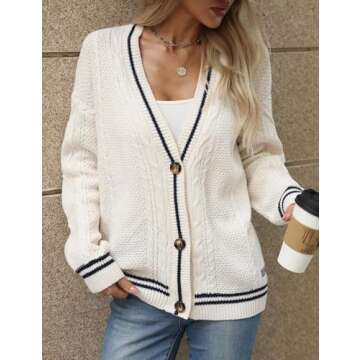 APRROOT White Cardigan Sweaters for Women Cable Knit Long Sleeve Open Front V-Neck Button Down Embroidery Sweater Outwear Coat White S