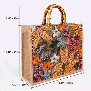 QTKJ Tote Bag for Women - Stylish Sequin Embroidery Straw Bag