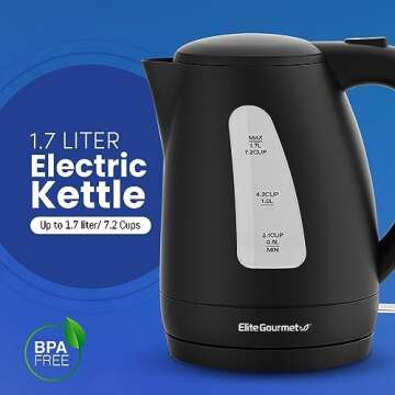 Elite Gourmet EKT8690 1.7L Electric Tea Kettle 1500W Hot Water Heater Boiler BPA-Free, Fast Boil, Wa...