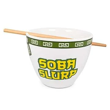 Bowl Bop Soba Slurp Japanese Ceramic Dinnerware Set | Includes 16-Ounce Ramen Noodle Bowl and Wooden Chopsticks | Asian Food Dish Set For Home & Kitchen | Kawaii Anime Gifts, Snack Collectible