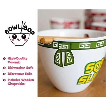 Bowl Bop Soba Slurp Japanese Ceramic Dinnerware Set | Includes 16-Ounce Ramen Noodle Bowl and Wooden Chopsticks | Asian Food Dish Set For Home & Kitchen | Kawaii Anime Gifts, Snack Collectible