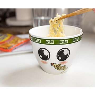 Bowl Bop Soba Slurp Japanese Ceramic Dinnerware Set | Includes 16-Ounce Ramen Noodle Bowl and Wooden Chopsticks | Asian Food Dish Set For Home & Kitchen | Kawaii Anime Gifts, Snack Collectible