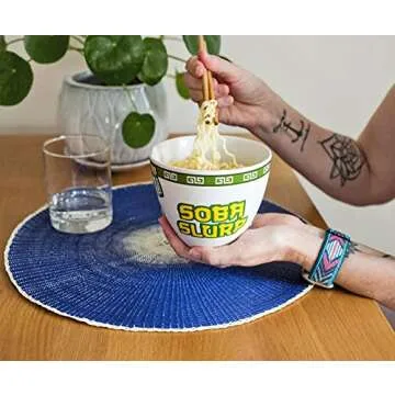 Bowl Bop Soba Slurp Japanese Ceramic Dinnerware Set | Includes 16-Ounce Ramen Noodle Bowl and Wooden Chopsticks | Asian Food Dish Set For Home & Kitchen | Kawaii Anime Gifts, Snack Collectible