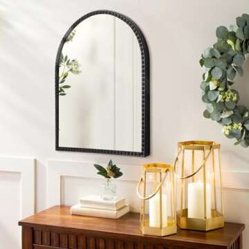 Arched Mirror for Bathroom, Black Arch Wall Mirror, Vintage Metal Beaded Frame Decorative Mirror for Accent Living Room Vanity Bedroom Entryway Large 26"x18"