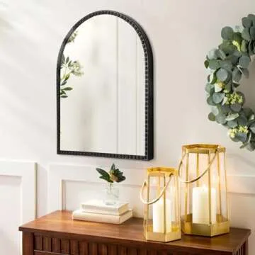 Arched Mirror for Bathroom, Black Arch Wall Mirror, Vintage Metal Beaded Frame Decorative Mirror for Accent Living Room Vanity Bedroom Entryway Large 26"x18"