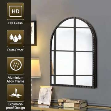 Arched Mirror for Bathroom, Black Arch Wall Mirror, Vintage Metal Beaded Frame Decorative Mirror for Accent Living Room Vanity Bedroom Entryway Large 26"x18"