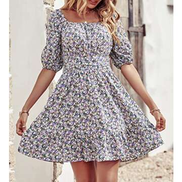 BTFBM Women 2023 Summer Square Neck Short Sleeve Casual Dress Tie Back Floral High Waist Ruffle Beach Aline Mini Dresses