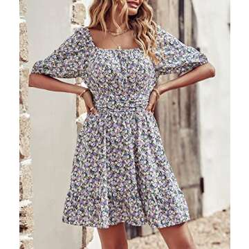 BTFBM Women 2023 Summer Square Neck Short Sleeve Casual Dress Tie Back Floral High Waist Ruffle Beach Aline Mini Dresses