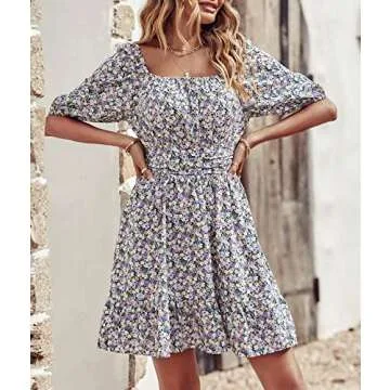 BTFBM Women 2023 Summer Square Neck Short Sleeve Casual Dress Tie Back Floral High Waist Ruffle Beach Aline Mini Dresses