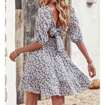 BTFBM Women 2023 Summer Square Neck Short Sleeve Casual Dress Tie Back Floral High Waist Ruffle Beach Aline Mini Dresses