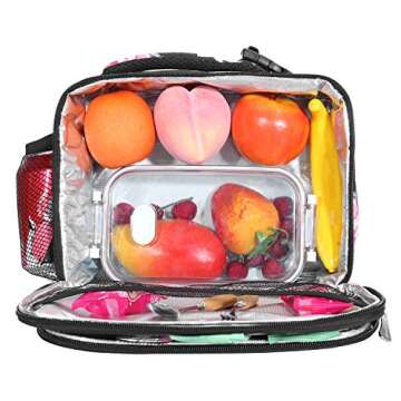 Amersun Lunch Bag for Women,Sturdy Insulated Lunch Box with Padded Liner Keep Food Warm Cold for Long Time, Thermal Lunch Cooler for Girls Adults Work Travel (2 Pockets, Peony Black)