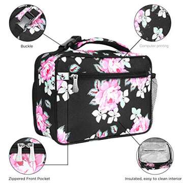 Amersun Lunch Bag for Women,Sturdy Insulated Lunch Box with Padded Liner Keep Food Warm Cold for Long Time, Thermal Lunch Cooler for Girls Adults Work Travel (2 Pockets, Peony Black)