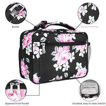 Amersun Lunch Bag for Women,Sturdy Insulated Lunch Box with Padded Liner Keep Food Warm Cold for Long Time, Thermal Lunch Cooler for Girls Adults Work Travel (2 Pockets, Peony Black)