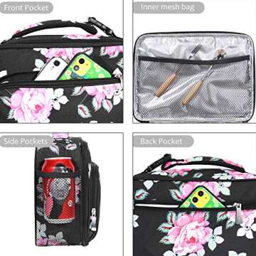 Amersun Lunch Bag for Women,Sturdy Insulated Lunch Box with Padded Liner Keep Food Warm Cold for Long Time, Thermal Lunch Cooler for Girls Adults Work Travel (2 Pockets, Peony Black)