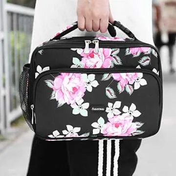 Amersun Lunch Bag for Women,Sturdy Insulated Lunch Box with Padded Liner Keep Food Warm Cold for Long Time, Thermal Lunch Cooler for Girls Adults Work Travel (2 Pockets, Peony Black)