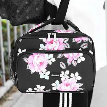Amersun Lunch Bag for Women,Sturdy Insulated Lunch Box with Padded Liner Keep Food Warm Cold for Long Time, Thermal Lunch Cooler for Girls Adults Work Travel (2 Pockets, Peony Black)